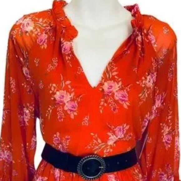 NWT VINCE CAMUTO 3-Tier Chiffon Balloon Sleeve Baby-doll Mini Dress Orange S - Picture 3 of 8